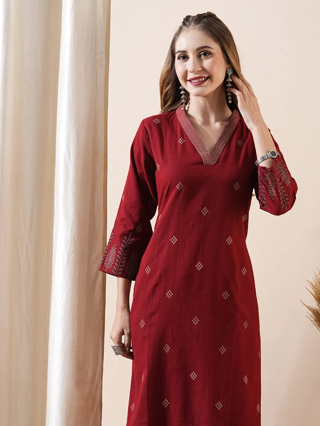 Abstract Printed Resham Top-Stitched Kurta with Pants - Maroon