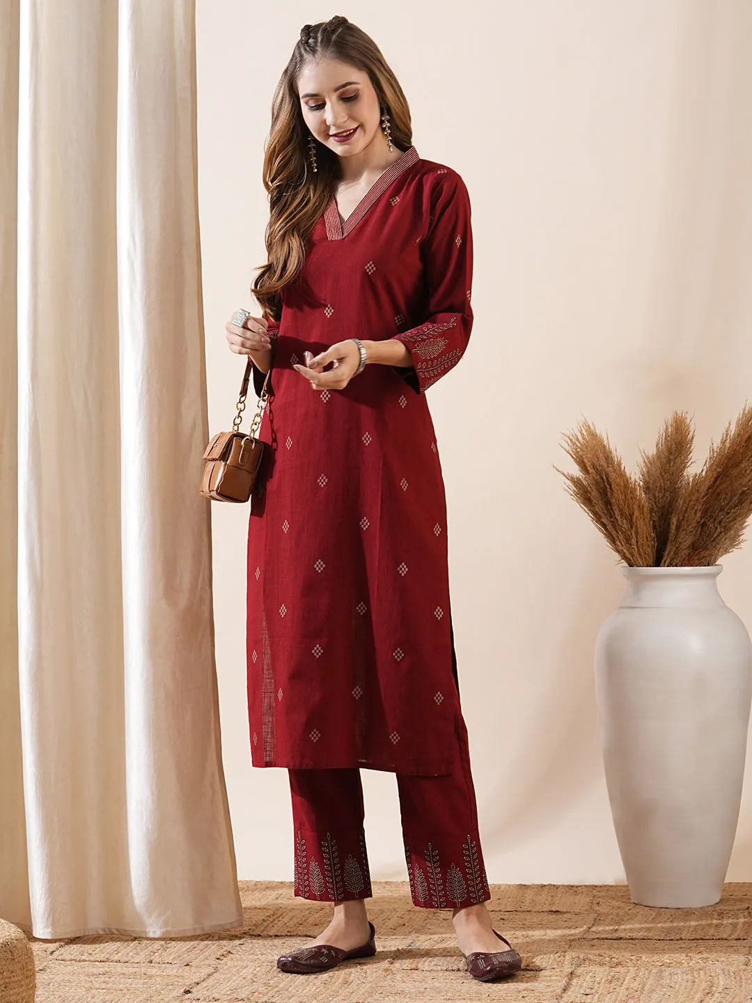 Abstract Printed Resham Top-Stitched Kurta with Pants - Maroon