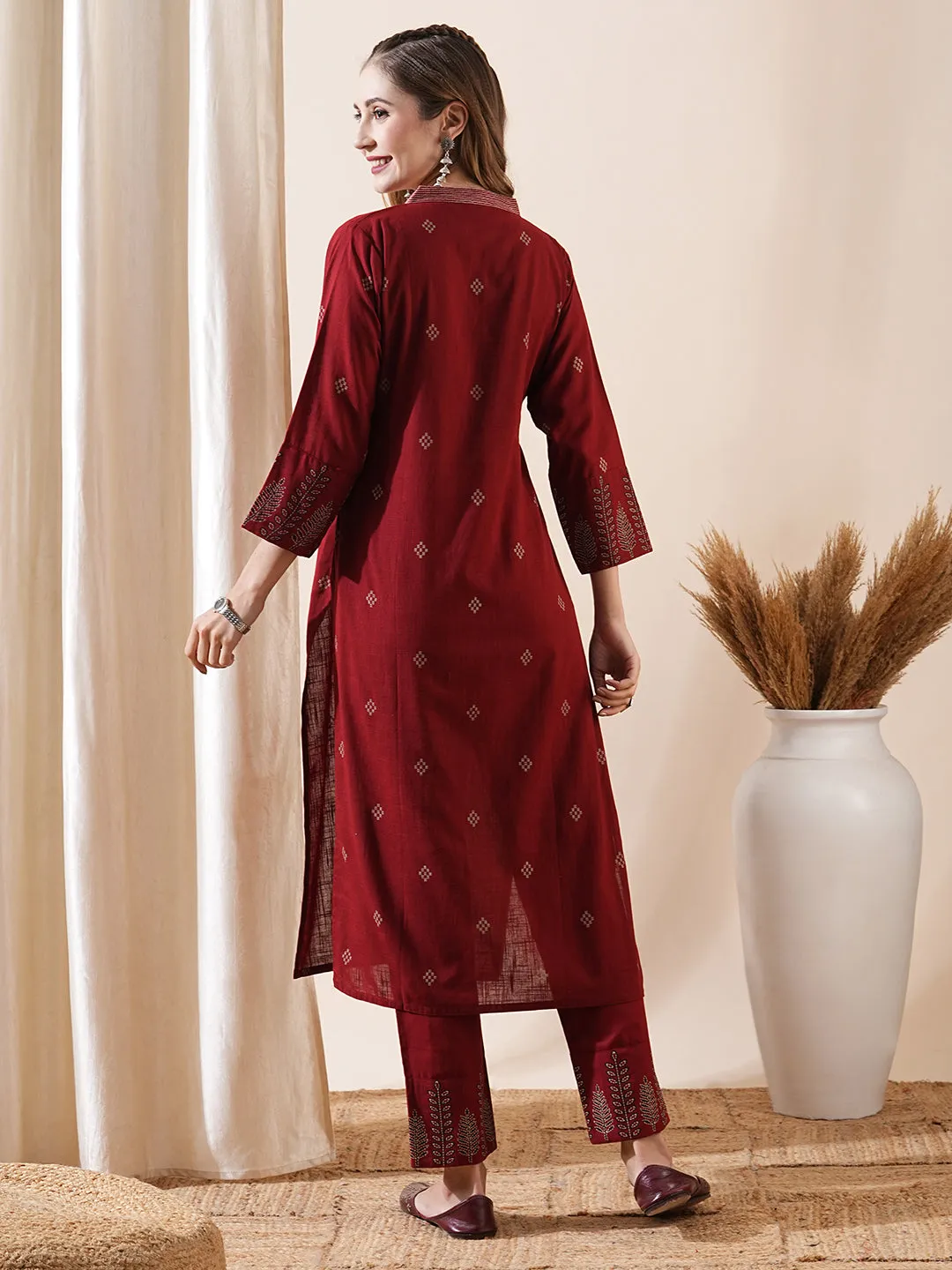 Abstract Printed Resham Top-Stitched Kurta with Pants - Maroon