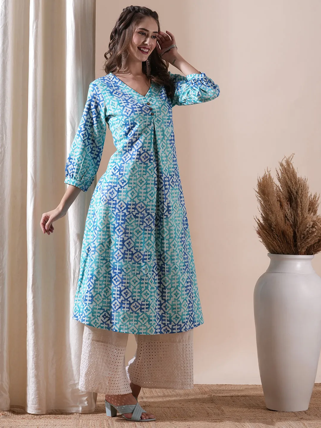 Abstract Printed Wooden Buttoned Pleated Front Kurta - Blue