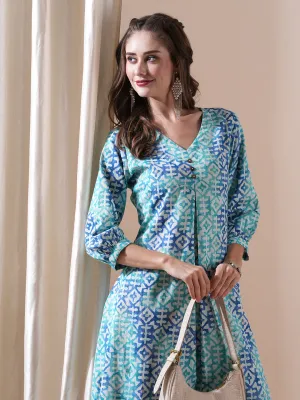 Abstract Printed Wooden Buttoned Pleated Front Kurta - Blue