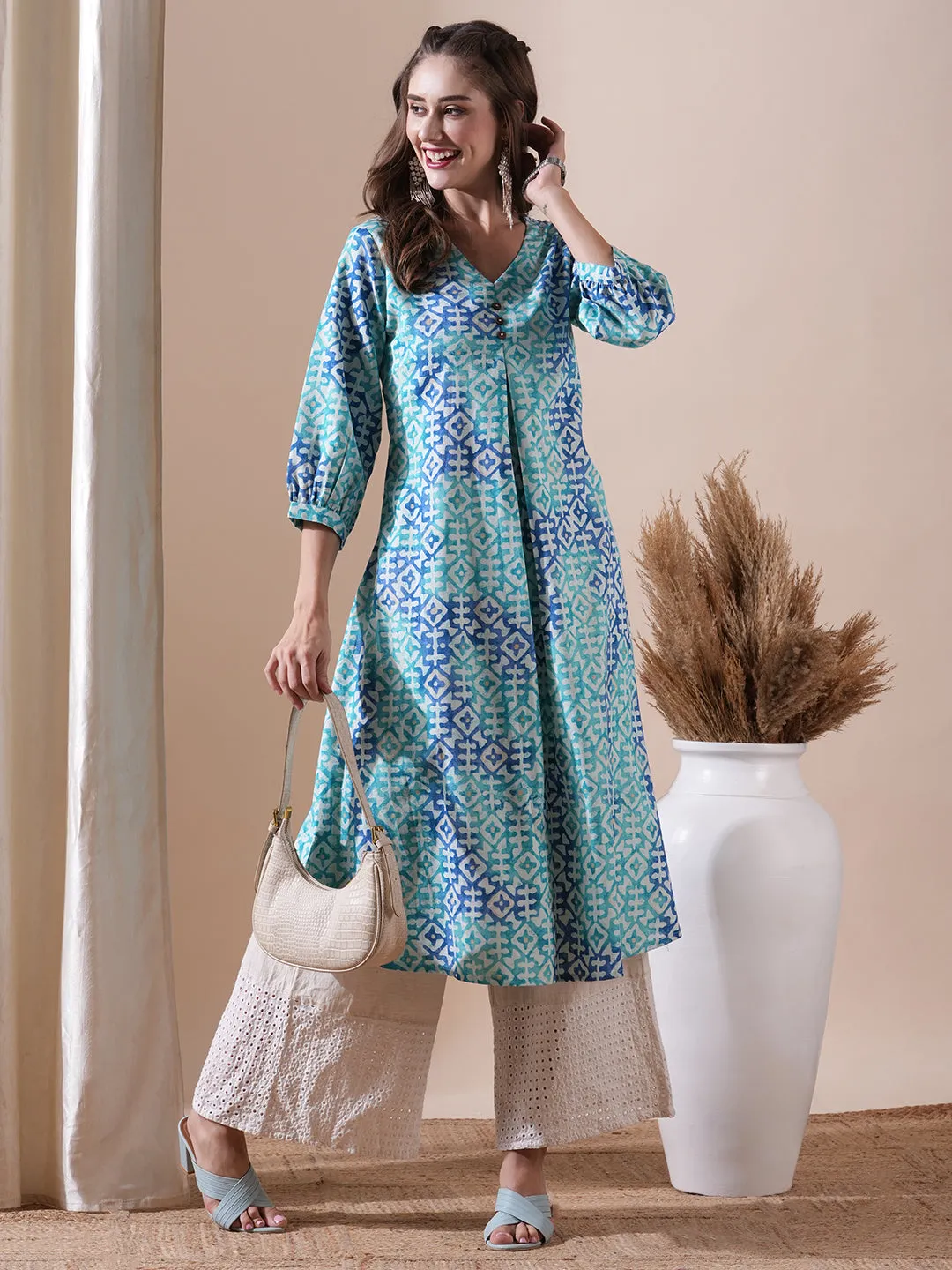 Abstract Printed Wooden Buttoned Pleated Front Kurta - Blue