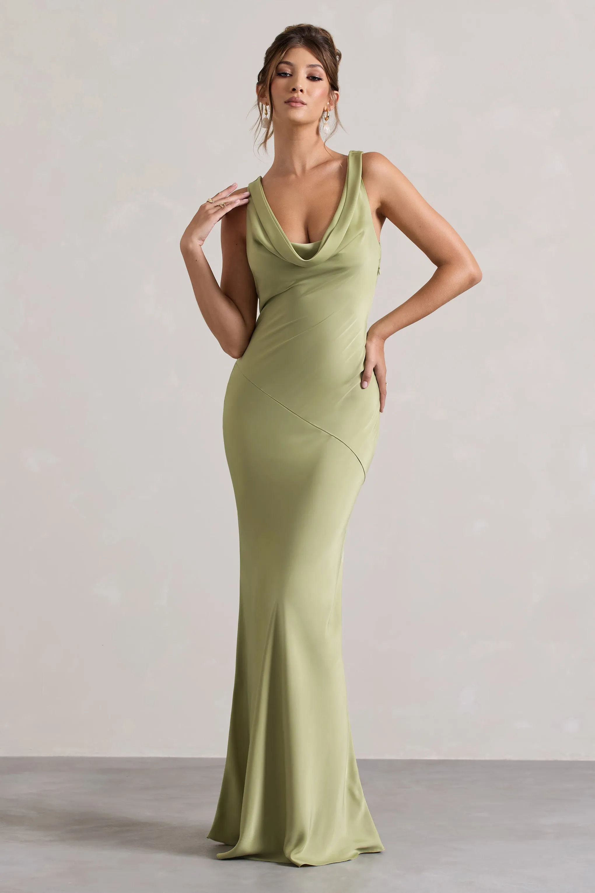 Alesso | Light Olive Satin Cowl-Neck Maxi Dress