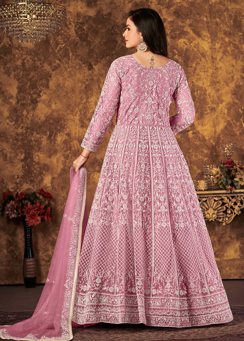 Alluring Pink Cording Embroidered Wedding Anarkali Dress