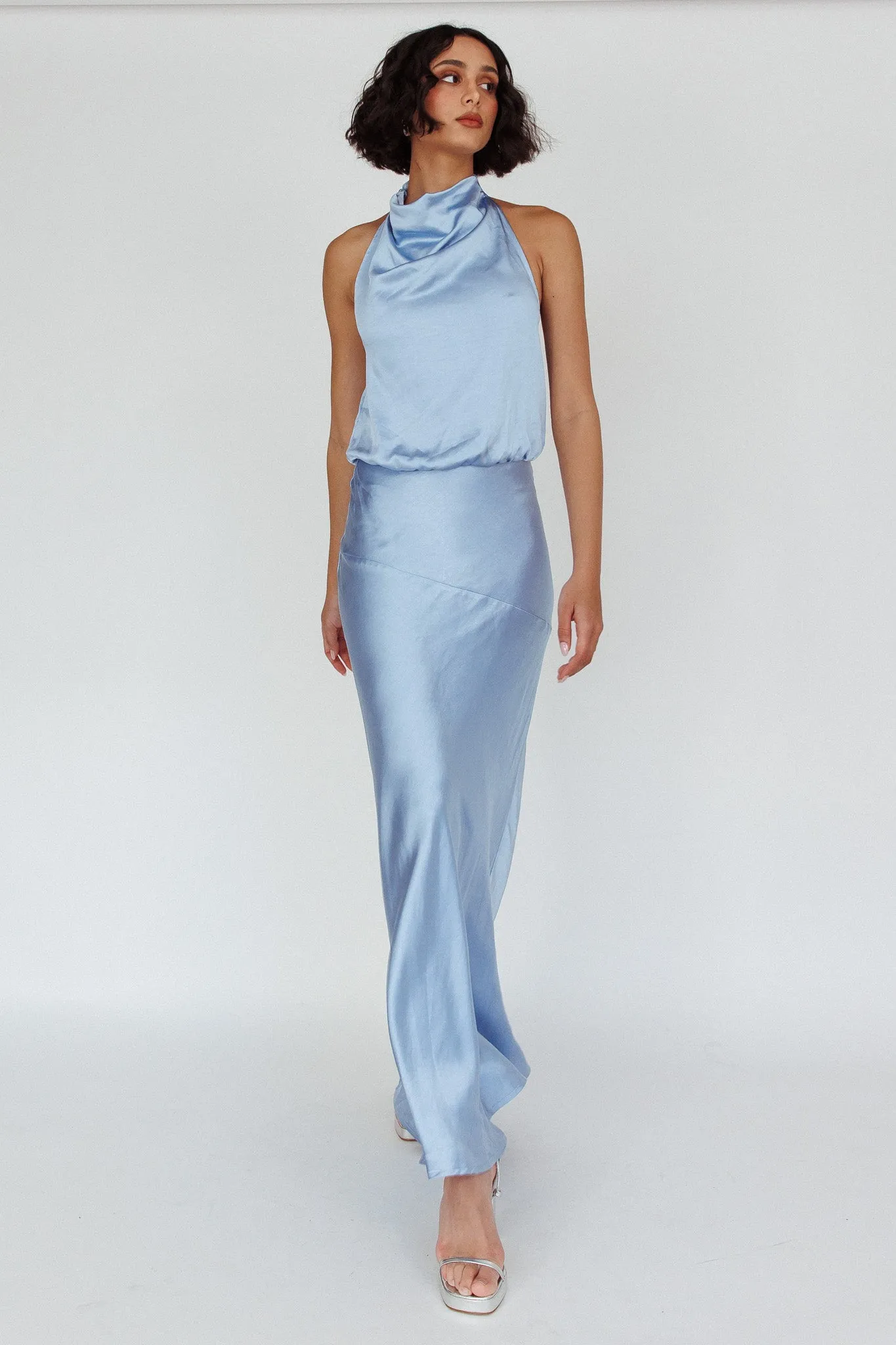 Amalfi Sunset Cowl Halterneck Maxi Dress Sky