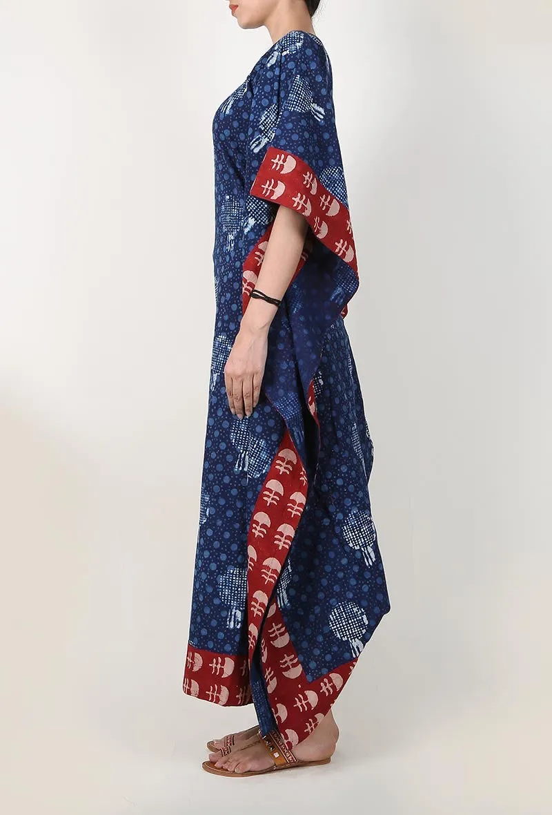 Bagru Indigo Kaftan With Crimson Red Border