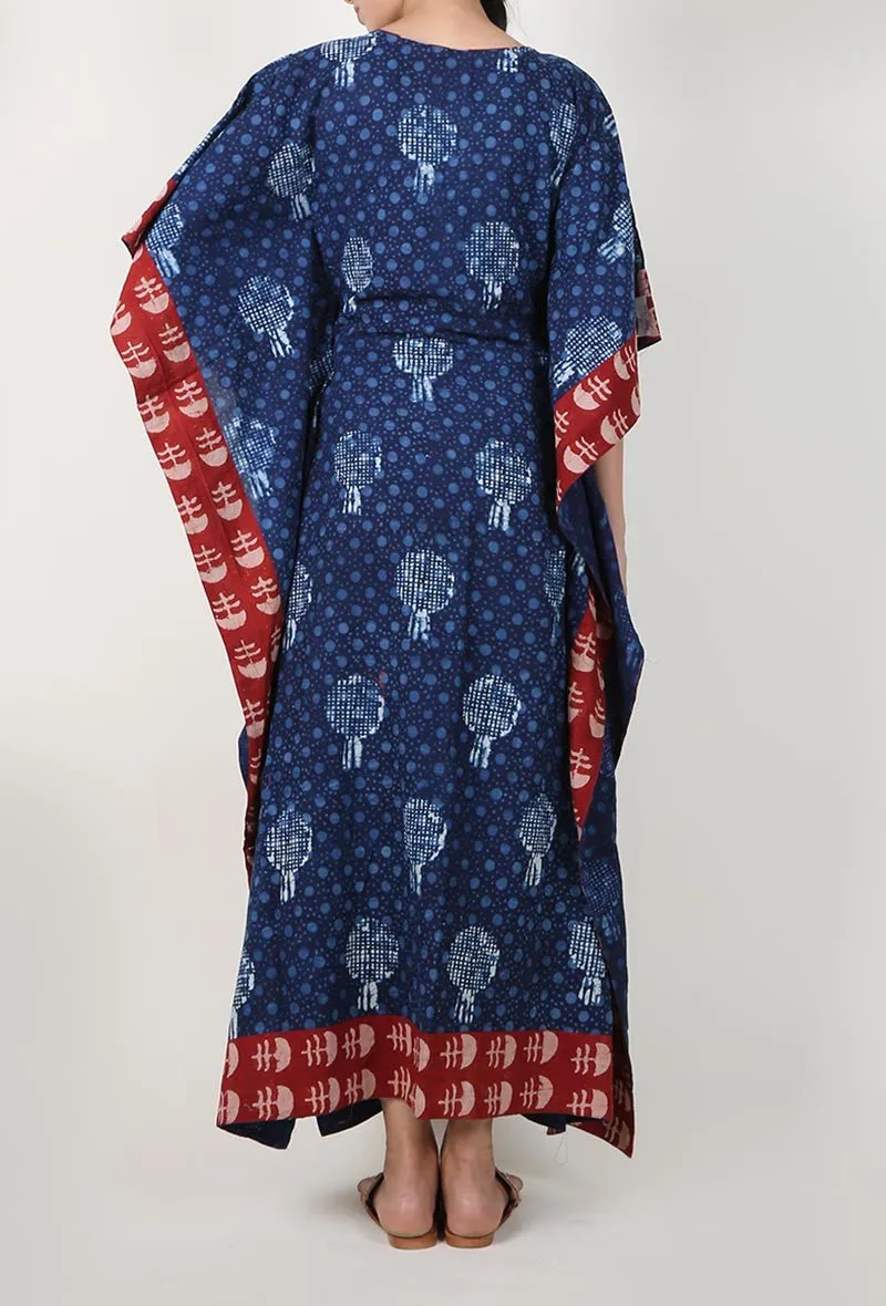 Bagru Indigo Kaftan With Crimson Red Border