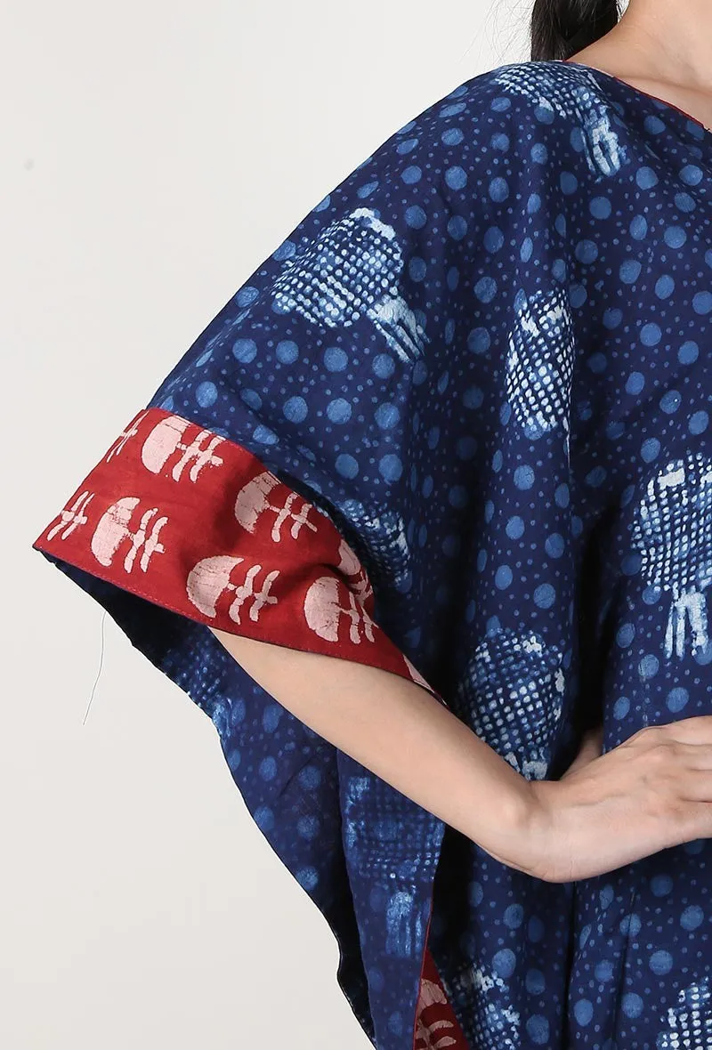 Bagru Indigo Kaftan With Crimson Red Border