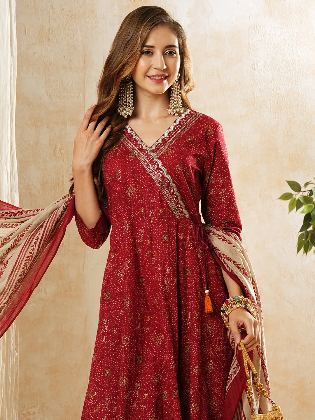 Bandhani Foil Printed & Embroidered Anarkali Kurta with Pant & Dupatta - Maroon