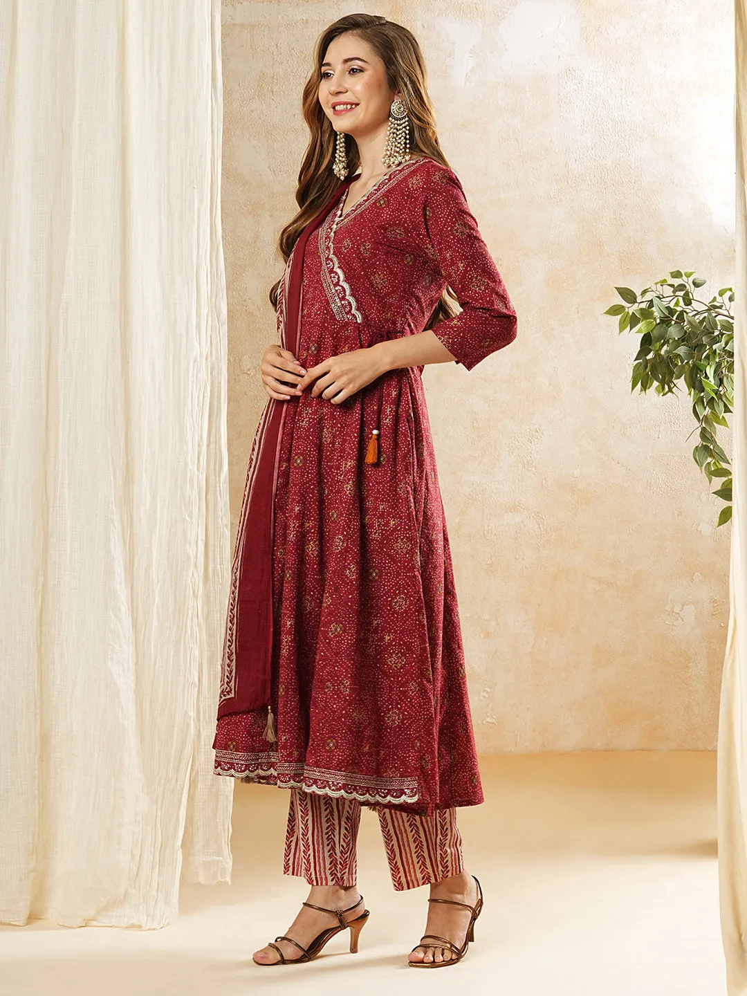 Bandhani Foil Printed & Embroidered Anarkali Kurta with Pant & Dupatta - Maroon