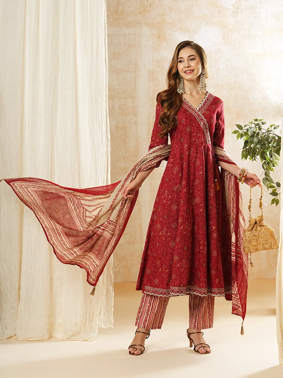 Bandhani Foil Printed & Embroidered Anarkali Kurta with Pant & Dupatta - Maroon