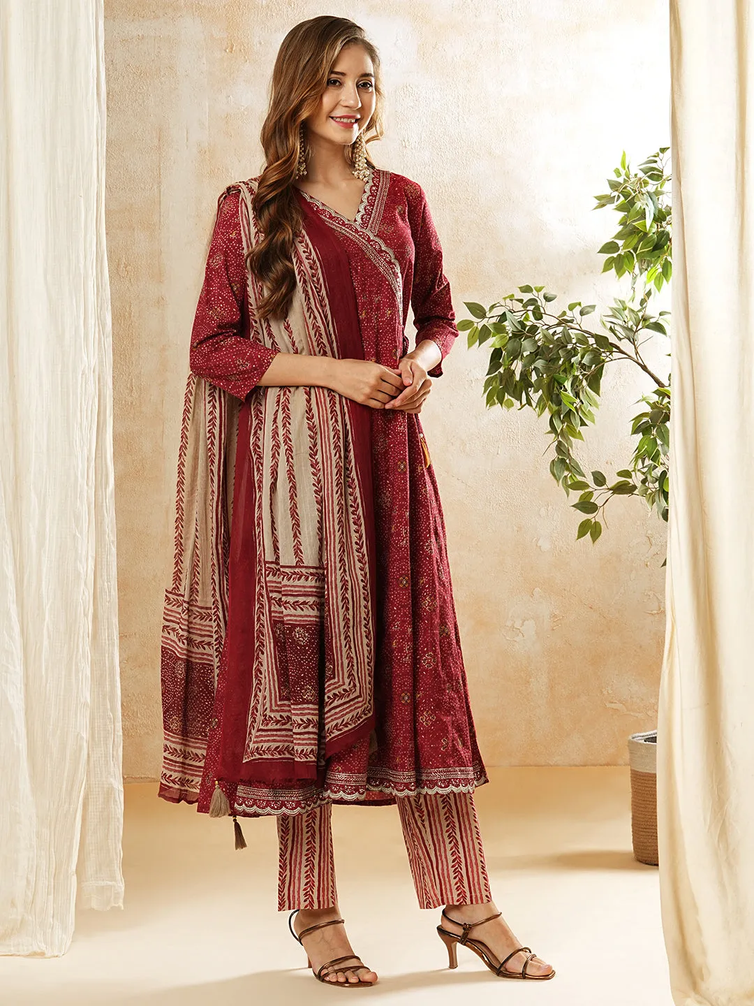 Bandhani Foil Printed & Embroidered Anarkali Kurta with Pant & Dupatta - Maroon