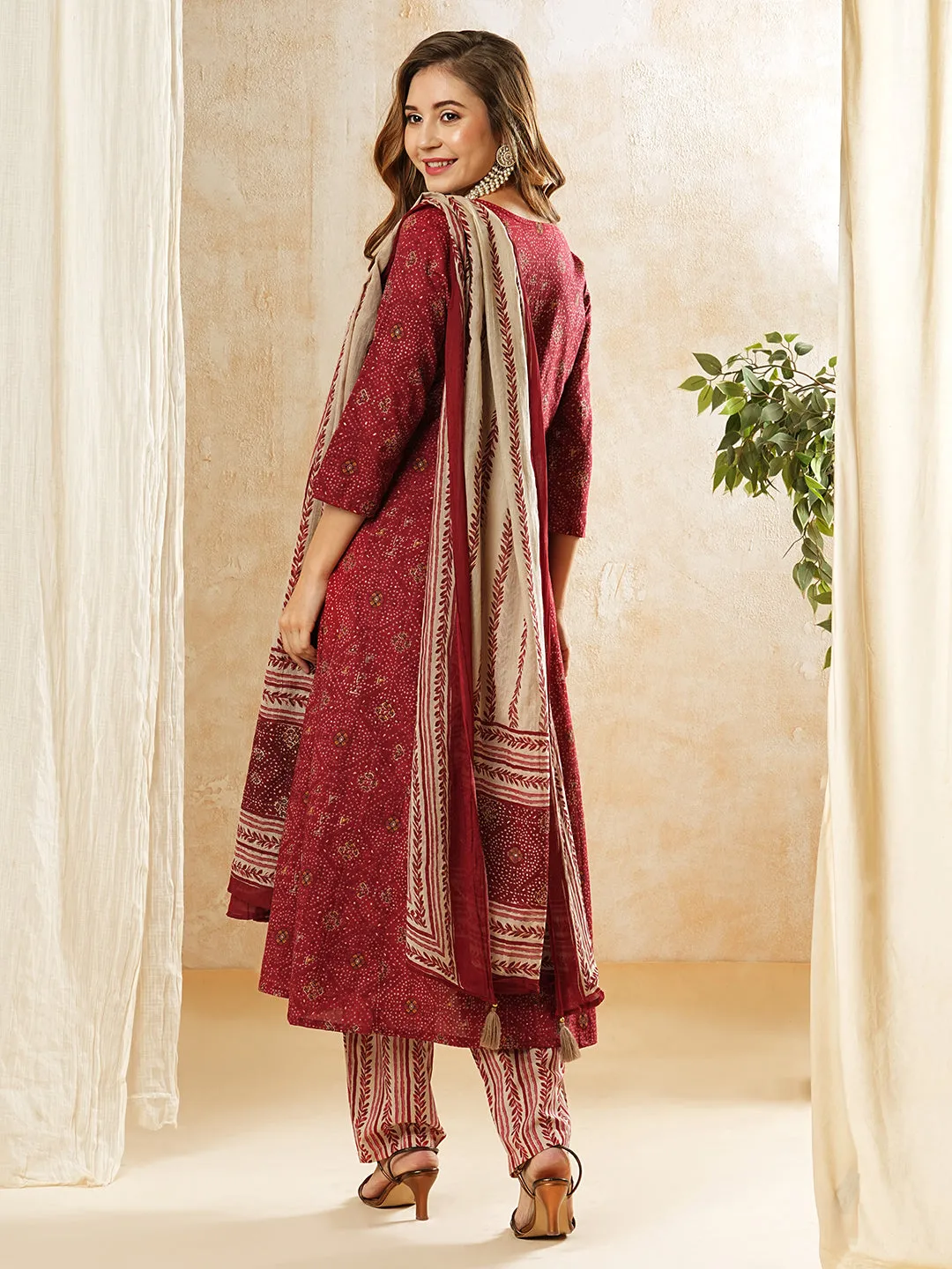 Bandhani Foil Printed & Embroidered Anarkali Kurta with Pant & Dupatta - Maroon