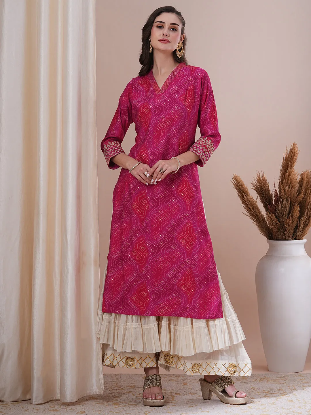 Bandhani Foil Printed & Embroidered Straight Fit Kurta - Pink