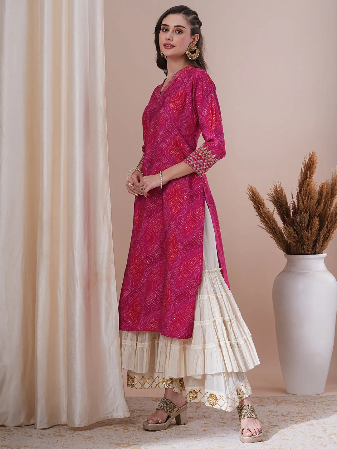 Bandhani Foil Printed & Embroidered Straight Fit Kurta - Pink