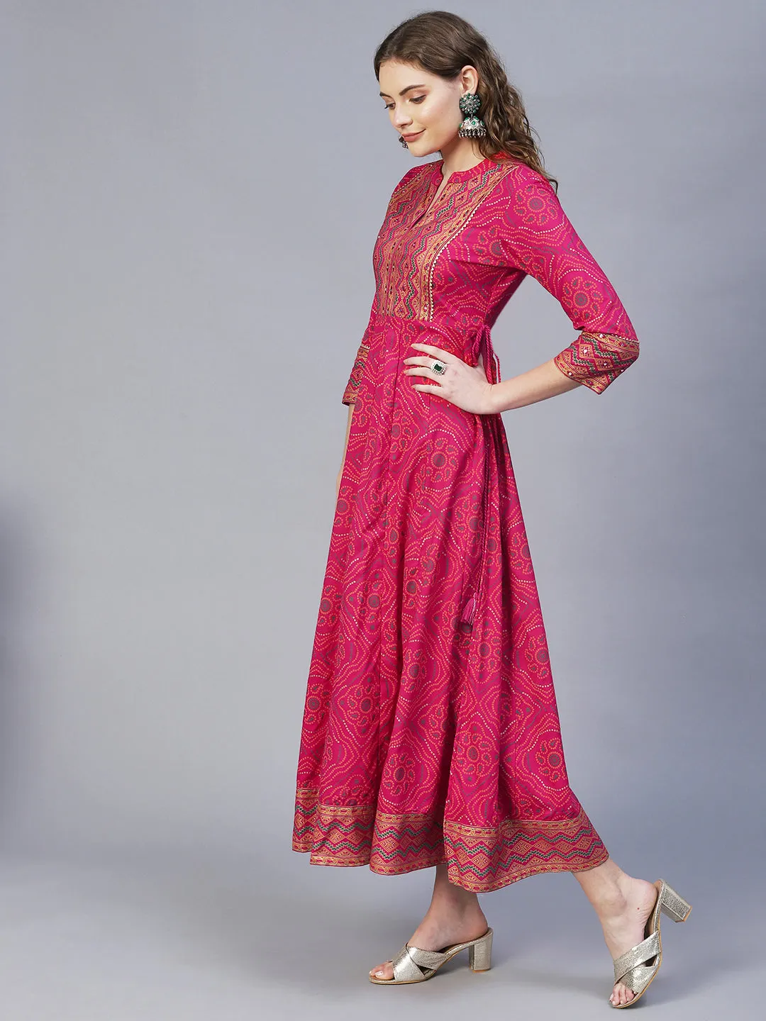 Bandhani Printed & Embroidered Anarkali Maxi Dress with Dupatta - Rani Pink