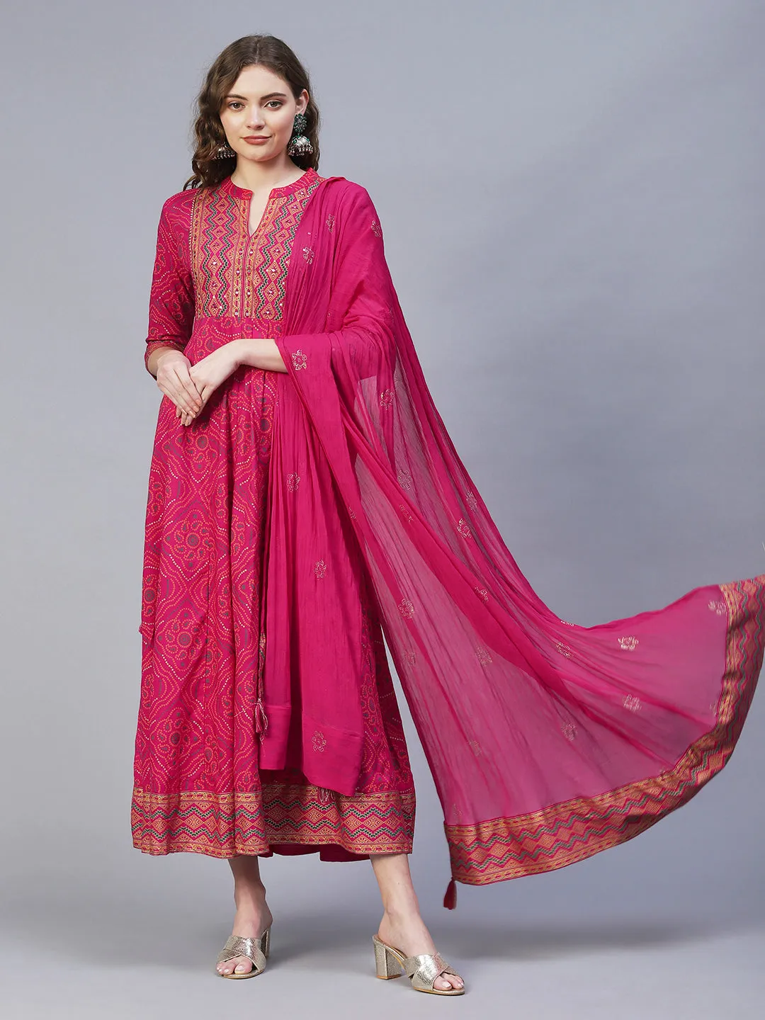 Bandhani Printed & Embroidered Anarkali Maxi Dress with Dupatta - Rani Pink