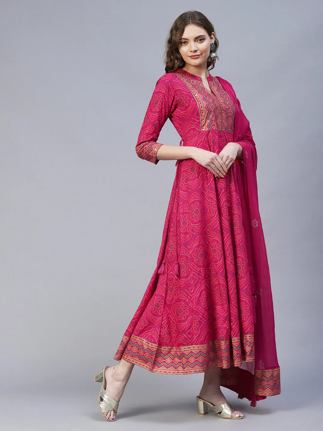 Bandhani Printed & Embroidered Anarkali Maxi Dress with Dupatta - Rani Pink