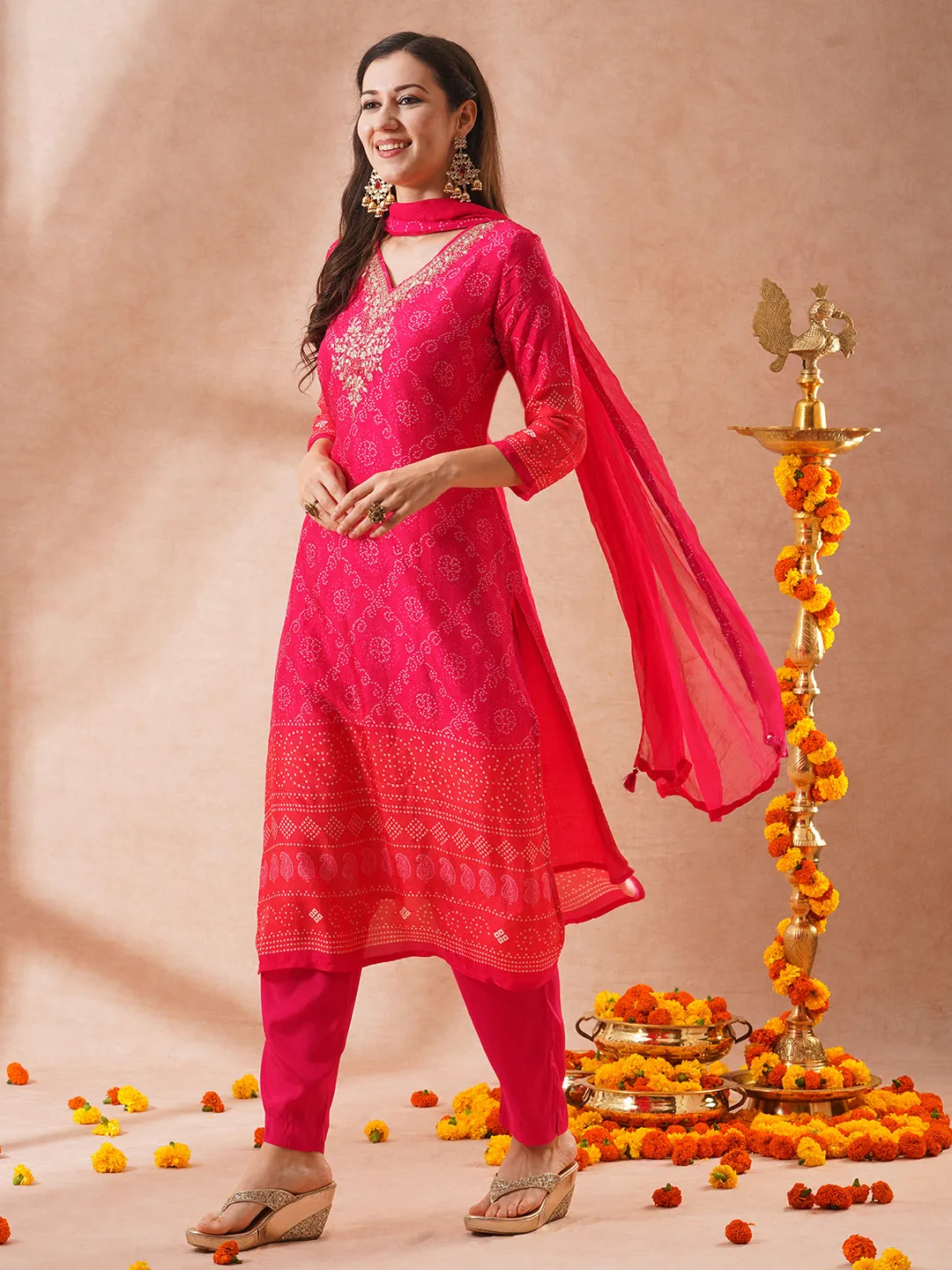 Bandhani Printed & Embroidered Straight Fit Kurta with Pant & Dupatta - Pink