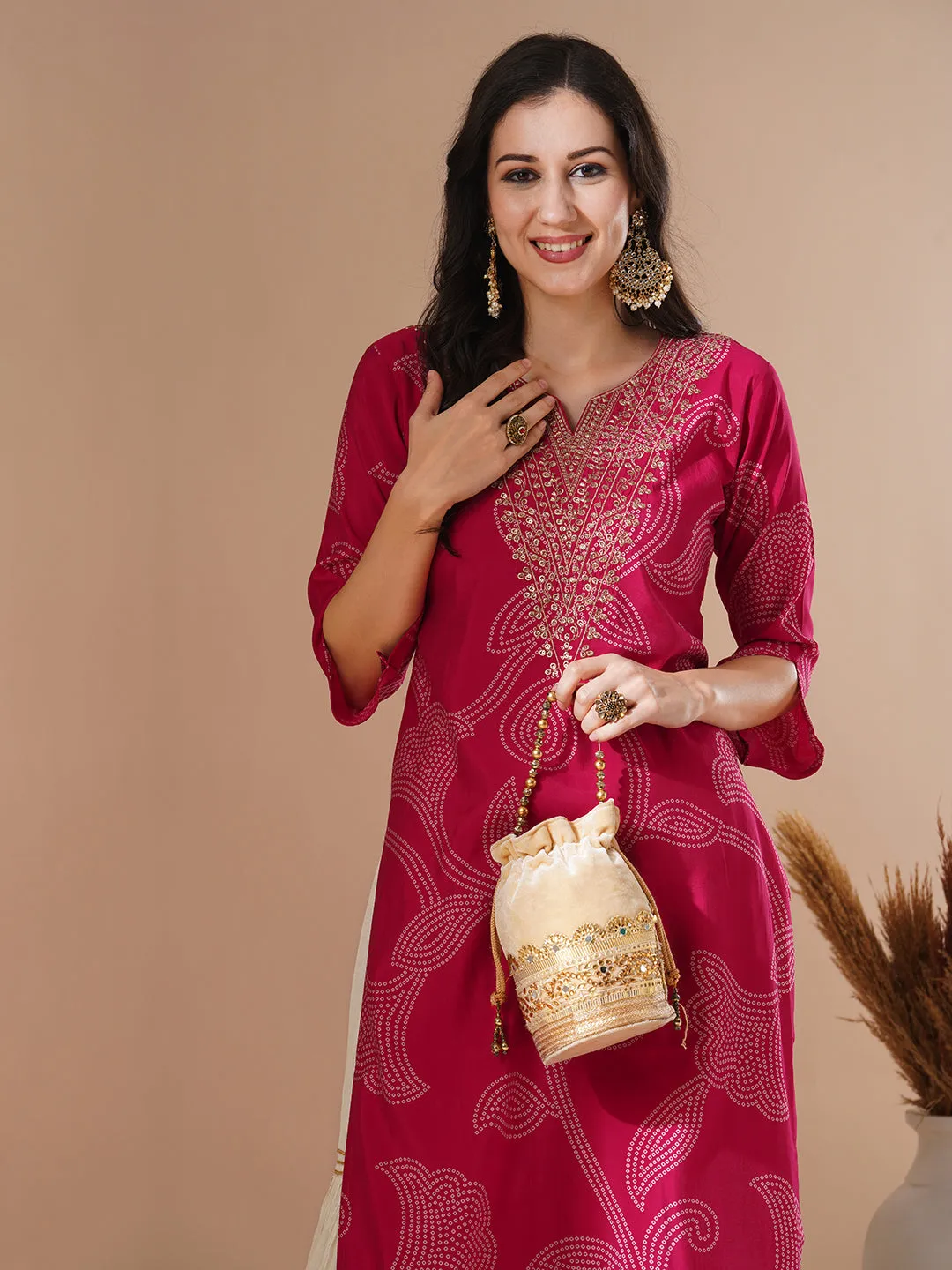 Bandhani Printed & Zari Embroidered Straight Fit Kurta - Pink