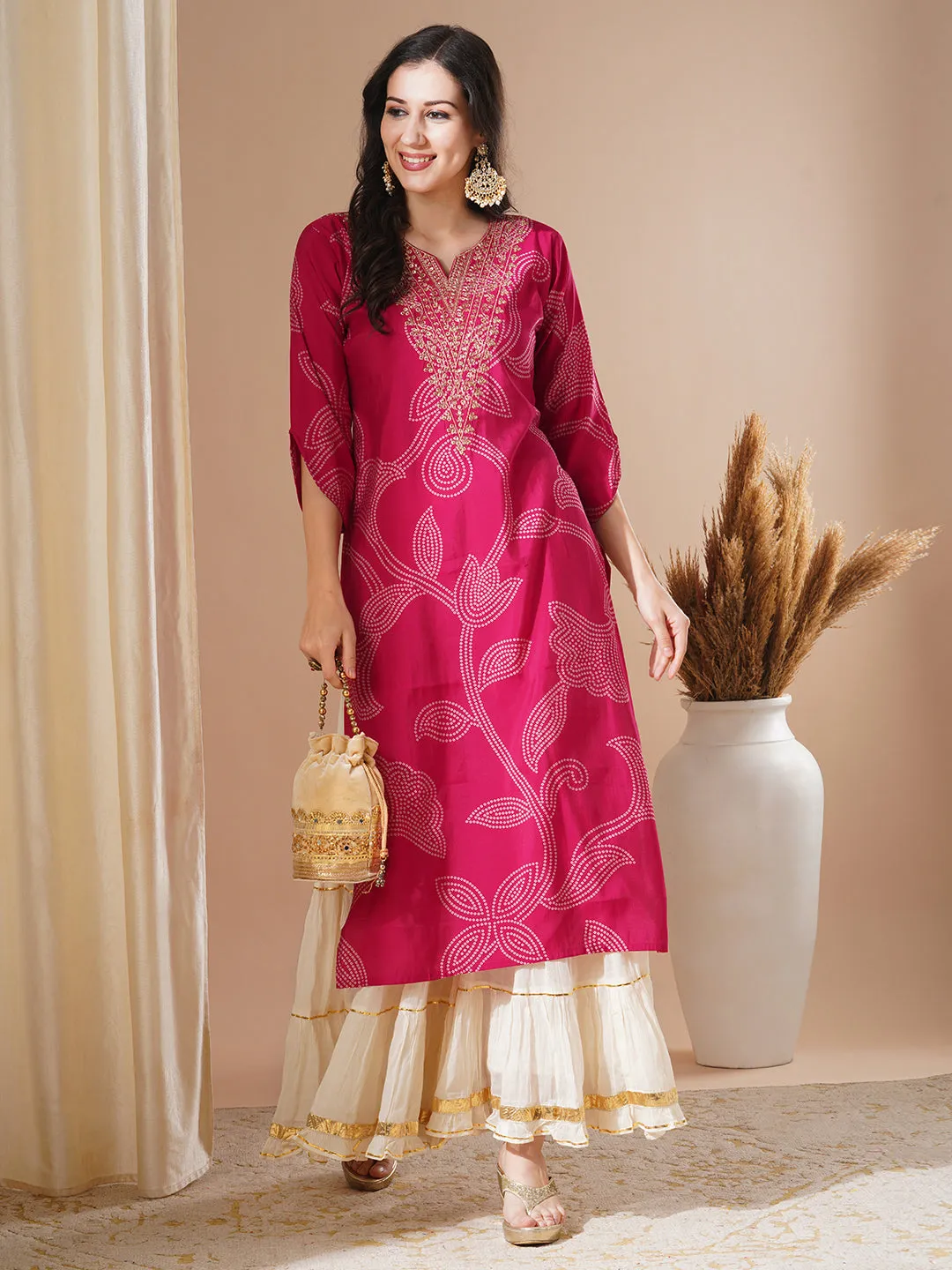 Bandhani Printed & Zari Embroidered Straight Fit Kurta - Pink