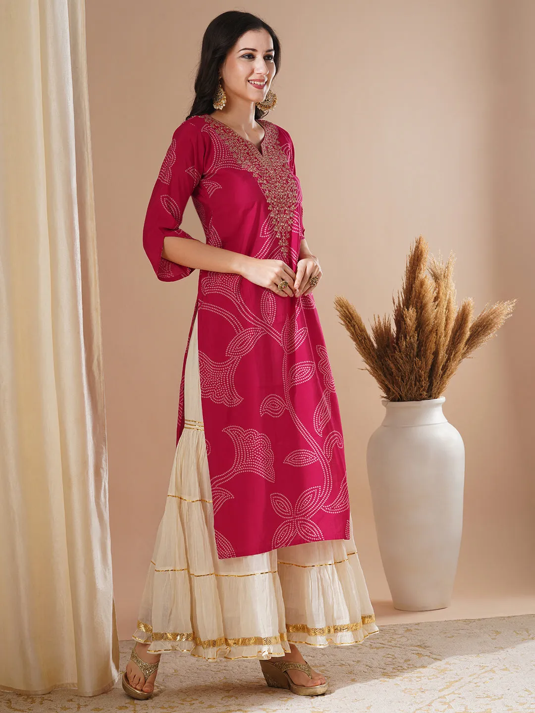 Bandhani Printed & Zari Embroidered Straight Fit Kurta - Pink