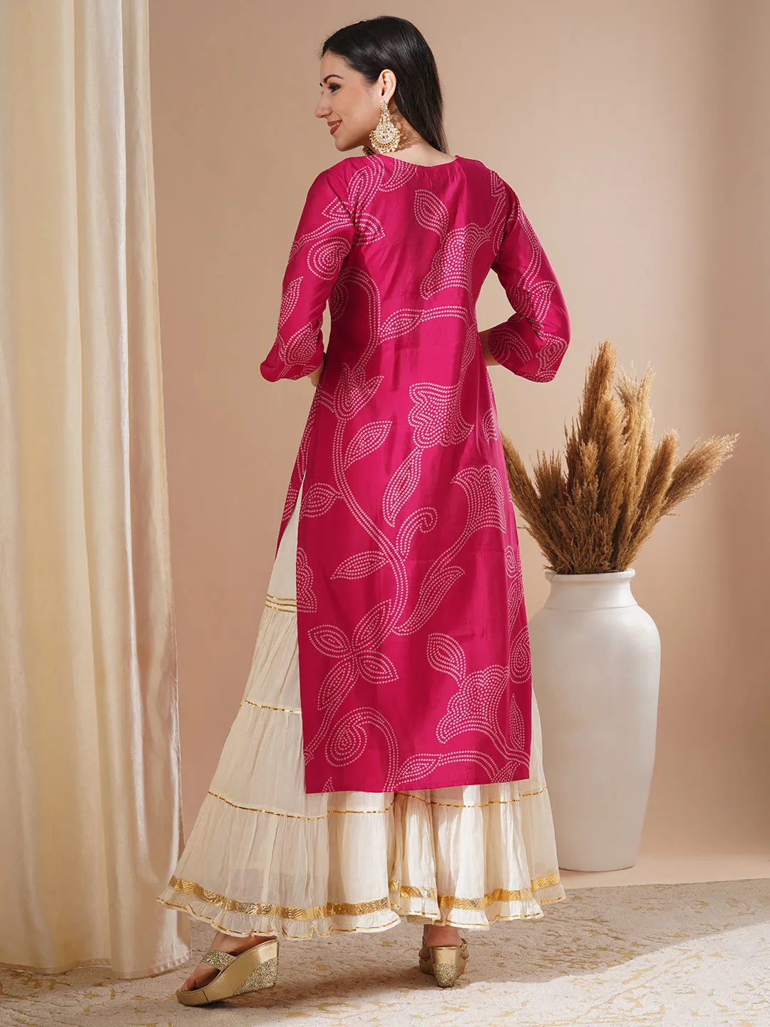 Bandhani Printed & Zari Embroidered Straight Fit Kurta - Pink