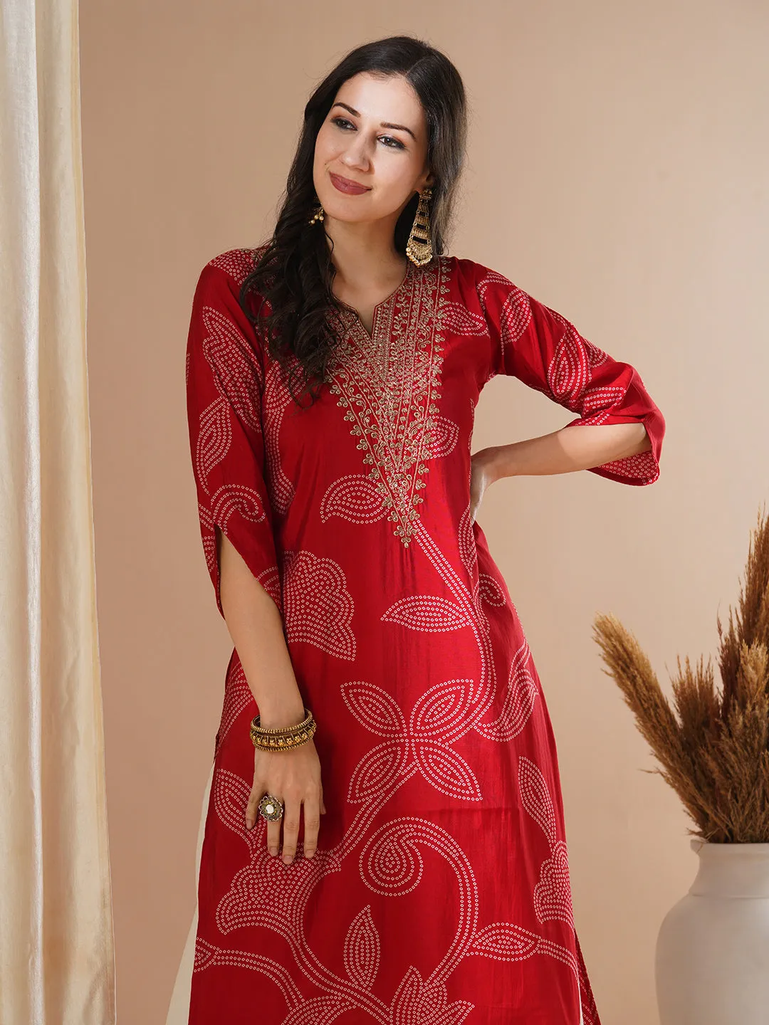 Bandhani Printed & Zari Embroidered Straight Fit Kurta - Red