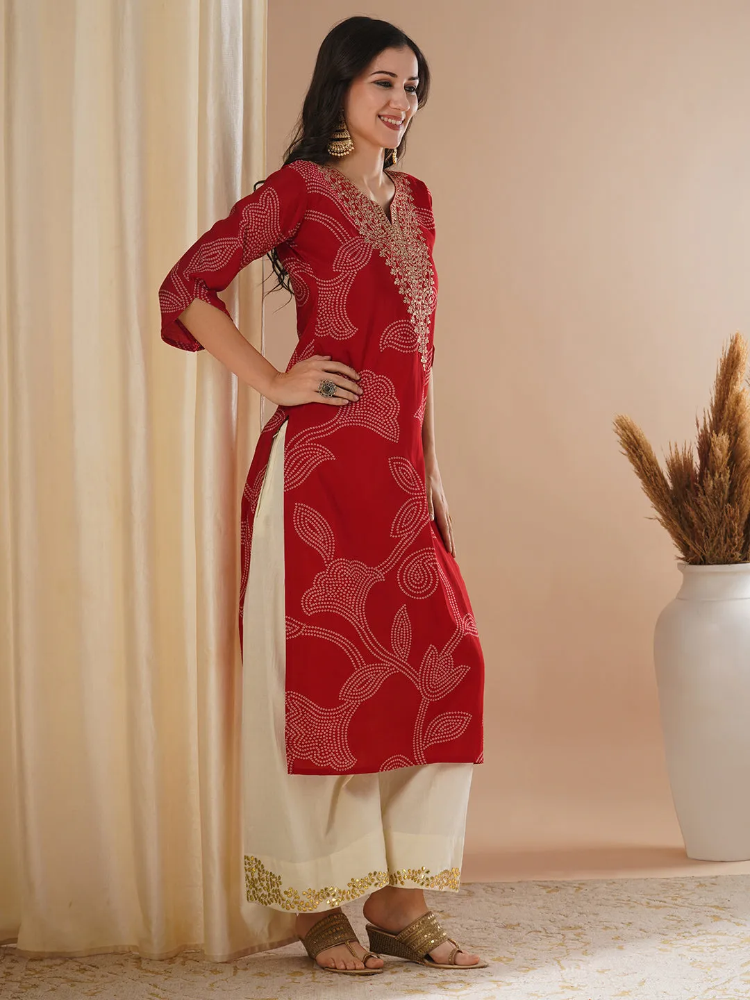 Bandhani Printed & Zari Embroidered Straight Fit Kurta - Red