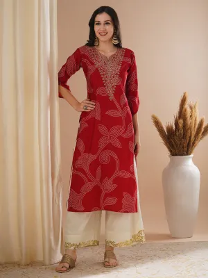 Bandhani Printed & Zari Embroidered Straight Fit Kurta - Red