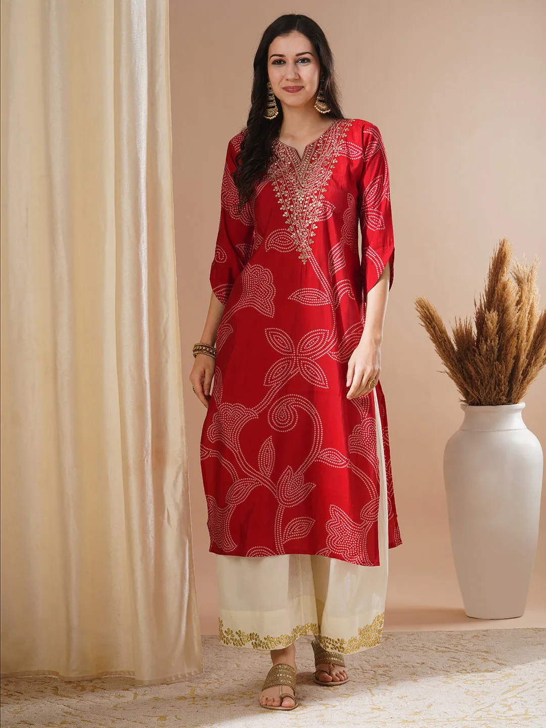 Bandhani Printed & Zari Embroidered Straight Fit Kurta - Red