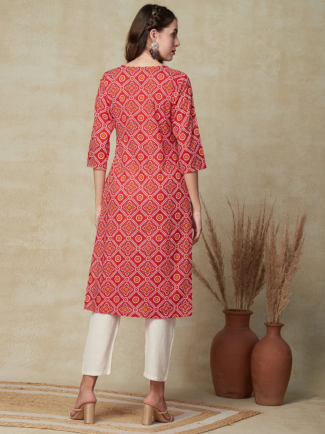 Bandhani Printed Zari Dori & Sequins Embroidered Kurta - Red