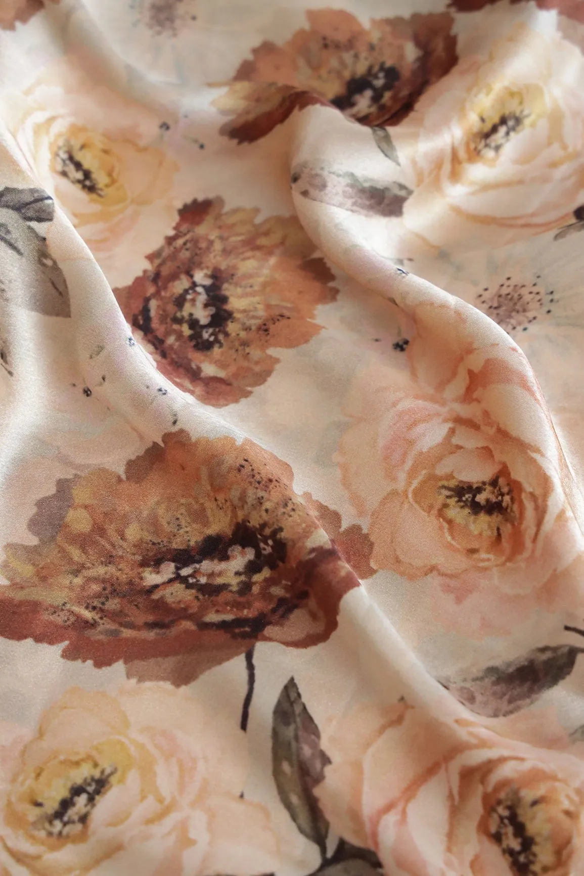 Beautiful Brown Floral Pattern Digital Print On Cream Satin Fabric