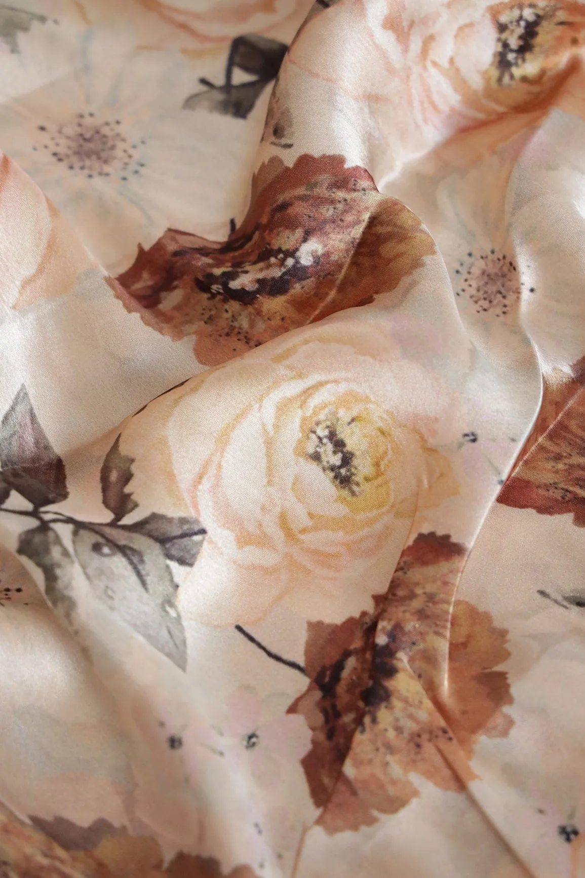 Beautiful Brown Floral Pattern Digital Print On Cream Satin Fabric