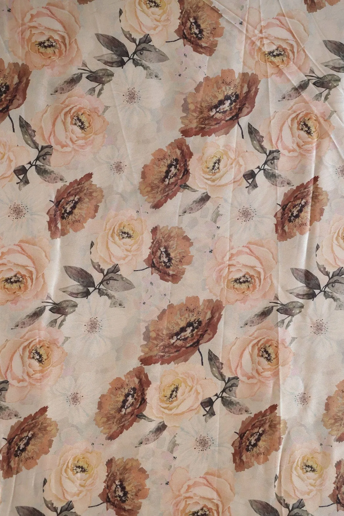 Beautiful Brown Floral Pattern Digital Print On Cream Satin Fabric