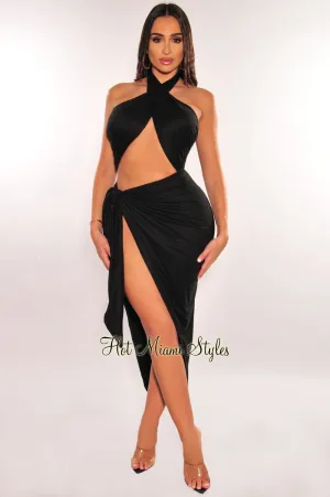 Black Halter Crisscross Cut Out Tie Up Asymmetrical Dress