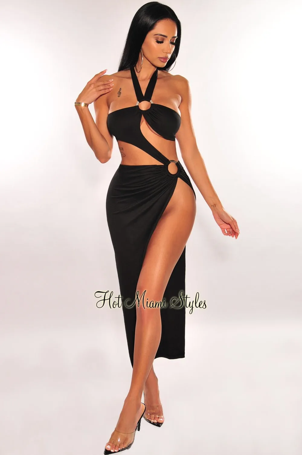 Black Halter O-Ring Cut Out Strap Slit Dress