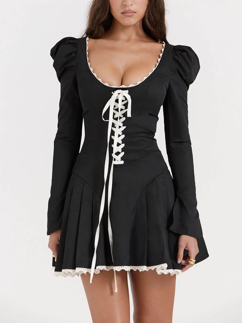 Black&Cream Pleated Stylish Mini Dress