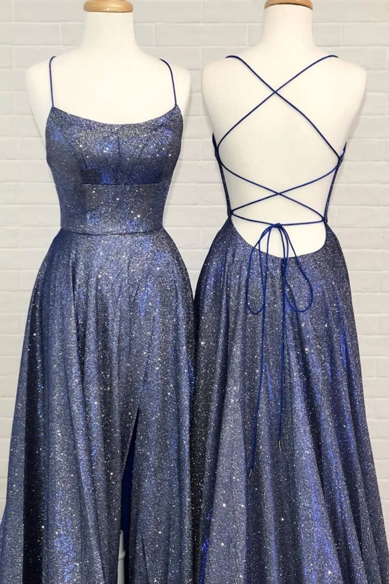 Blue A-Line Backless Long Prom Dresses Blue Evening Dresses