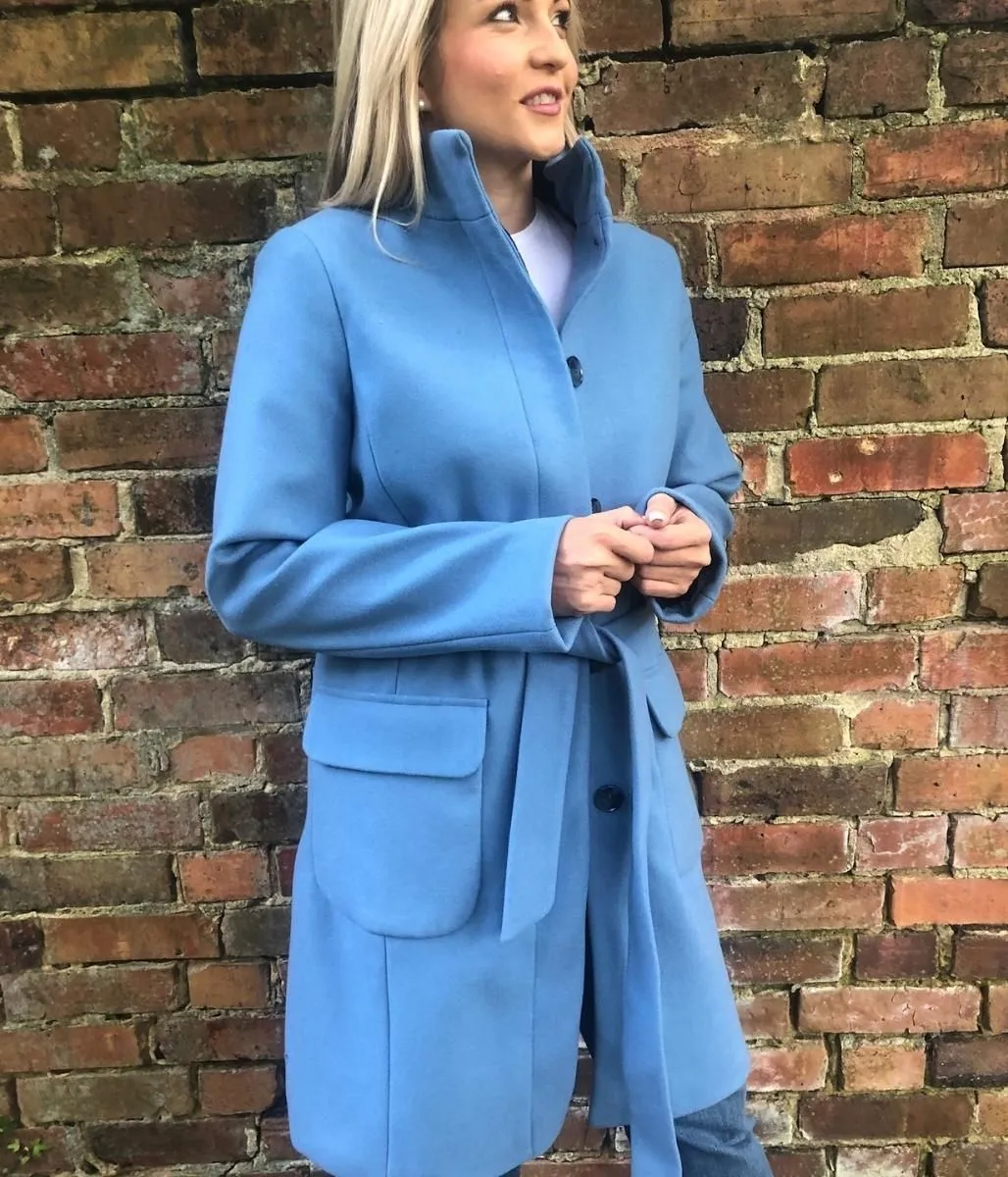 Blue Belted Funnel Neck Coat