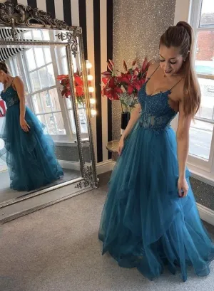 Blue Tulle Lace Appliques Long Prom Dress Evening Dress SH1114