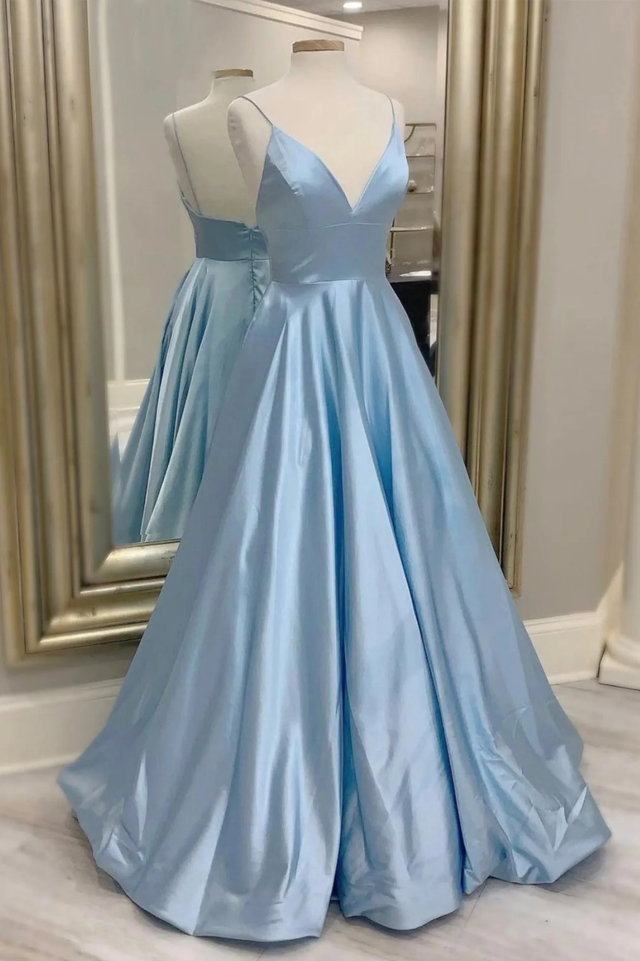 Blue V-Neck Satin Long Prom Dresses Simple A-Line Evening Dresses