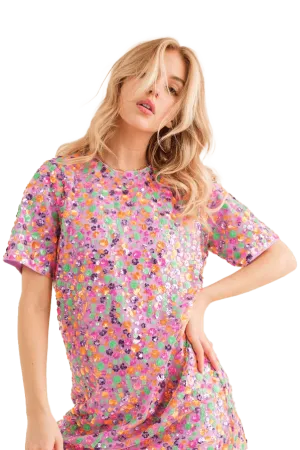 Blueb Sequin Floral Embellished Multi T-Shirt Dress