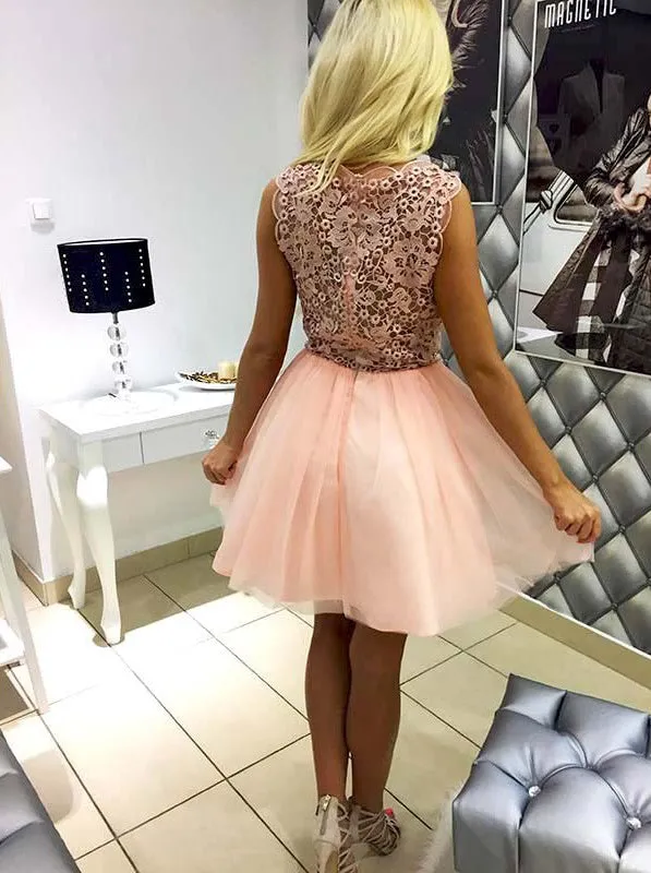 Blush Pink Lace Tulle Sleeveless Simple  homecoming dresses,BD00131