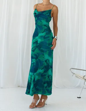 Calista Green Bloom Cowl Graceful Neck Slip Maxi Dress