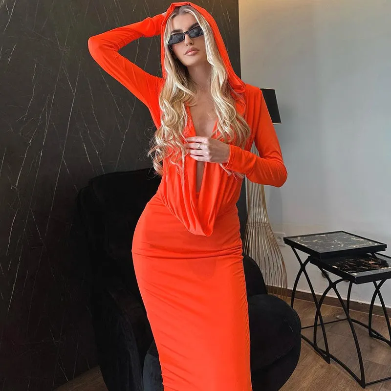 Camilla Deep V Neck Hooded Maxi Dress