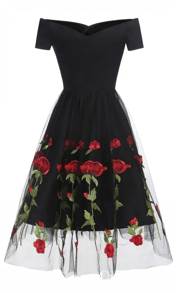 Charming Off the Shoulder Tulle Black Homecoming Dresses with Flowers, TYP2018