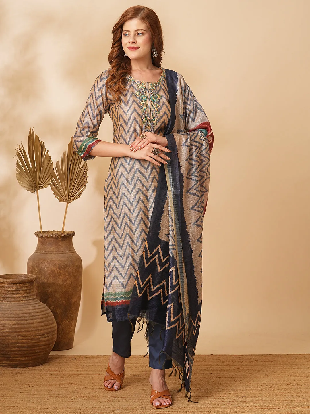 Chevron Printed & Floral Embroidered Straight Kurta with Pant & Dupatta - Beige