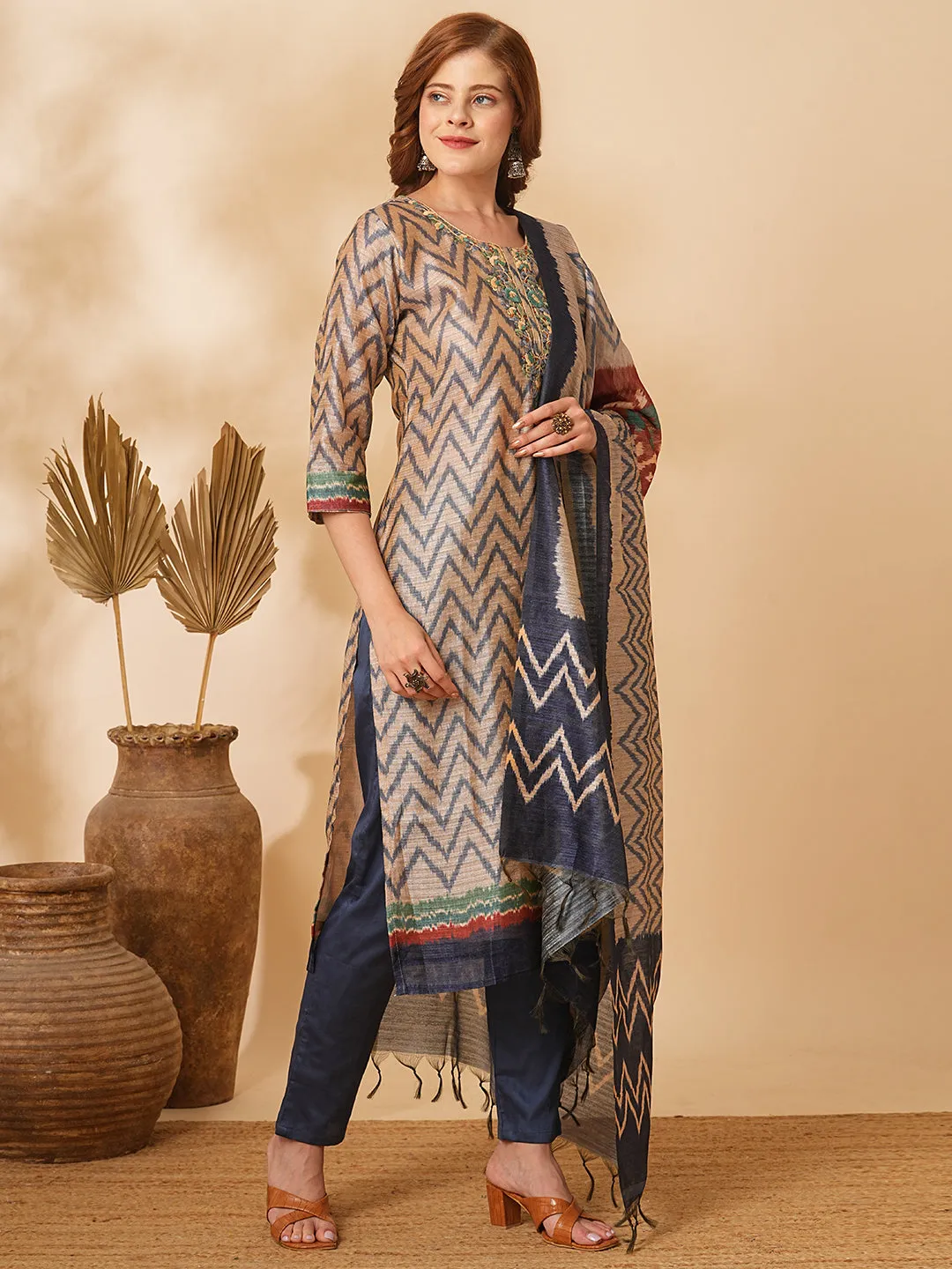 Chevron Printed & Floral Embroidered Straight Kurta with Pant & Dupatta - Beige