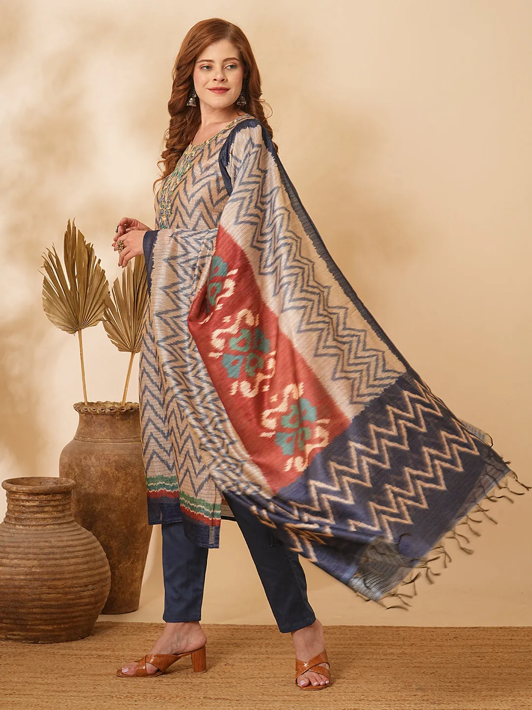 Chevron Printed & Floral Embroidered Straight Kurta with Pant & Dupatta - Beige